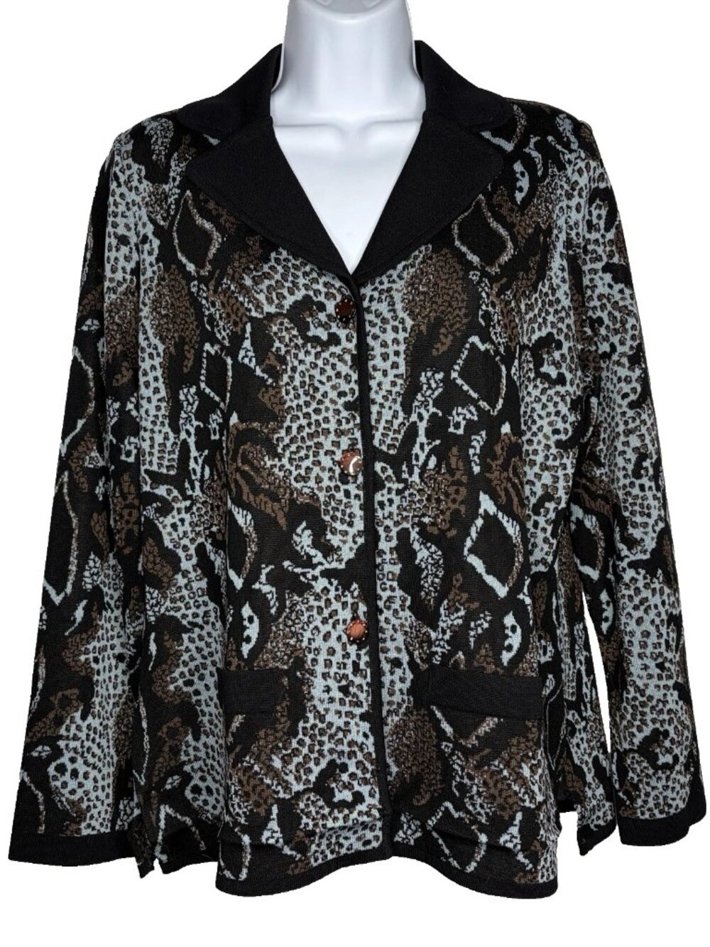 Vintage 90s Exclusively Misook Cardigan Sweater Size M PETITE Black Blue Snake